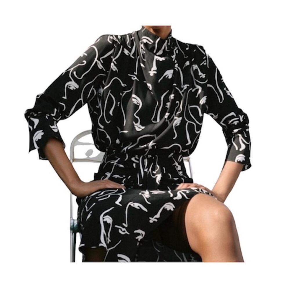 Zara Abstract Faces High Neck Cowl Blouse Size XS Black and White